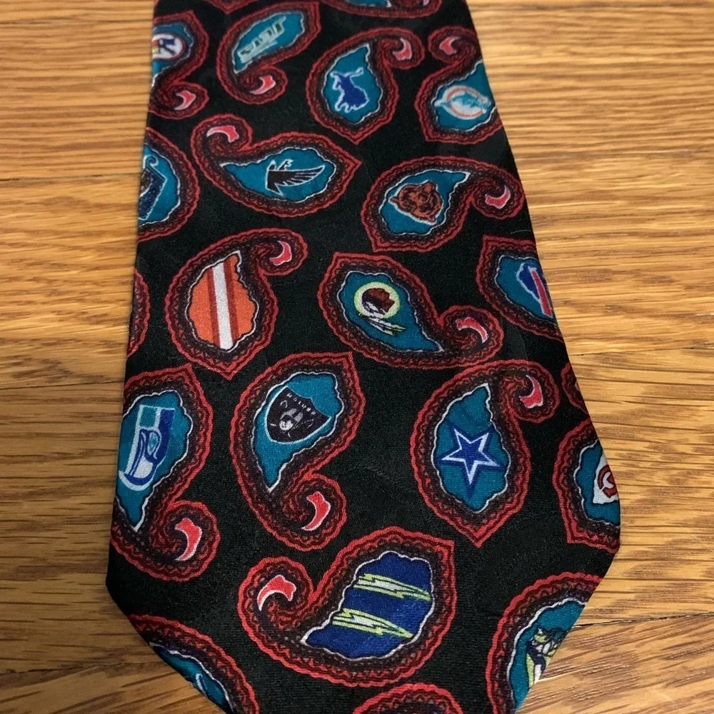NFL Teams Logo Tie Paisley Black Logos All Over Print Mens Made In USA Silk